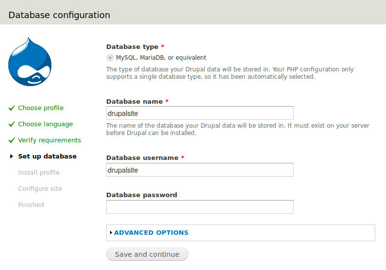 Drupal Database configuration page