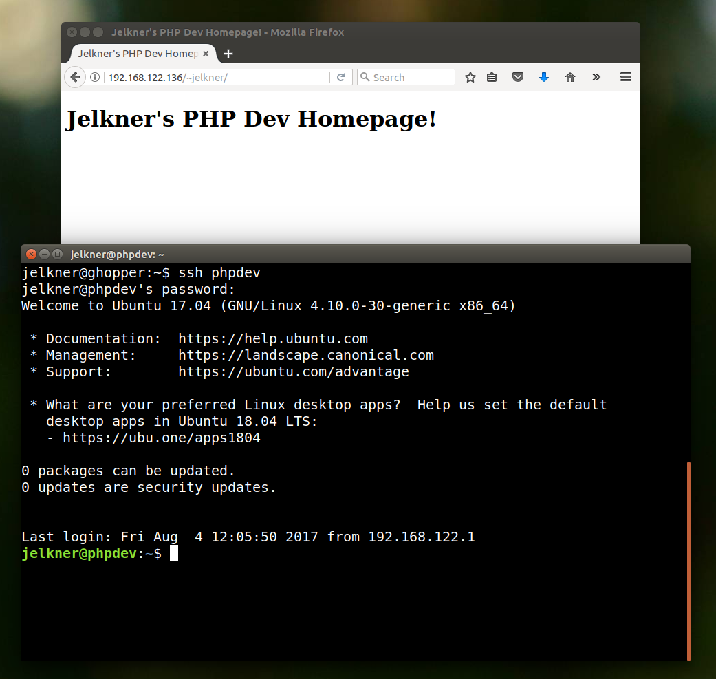 terminal sshed to VM and browser viewing php page on VM